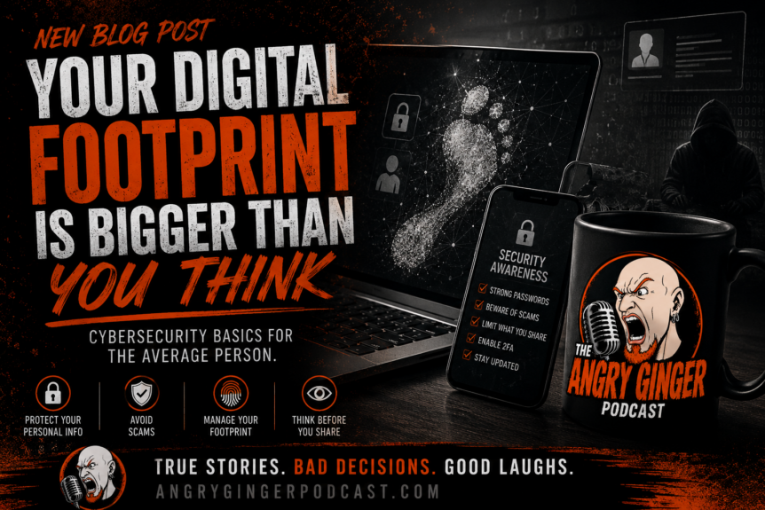 The Angry Ginger Podcast graphic about digital footprints and basic cybersecurity, featuring a smartphone, laptop, security icons, and the podcast logo.